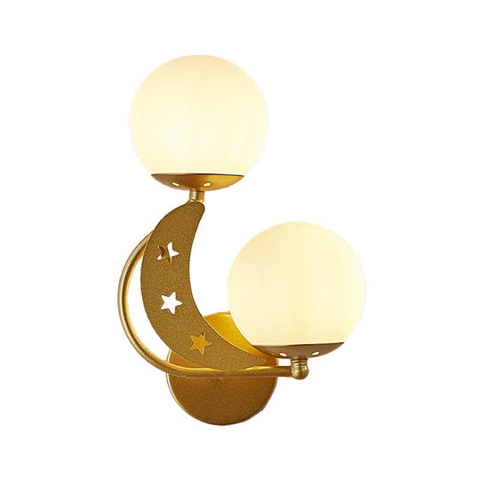 Contemporary Bedroom Sconce Light: 2 Bulbs Black/Gold Wall Lamp With Milky Glass Ball Shades