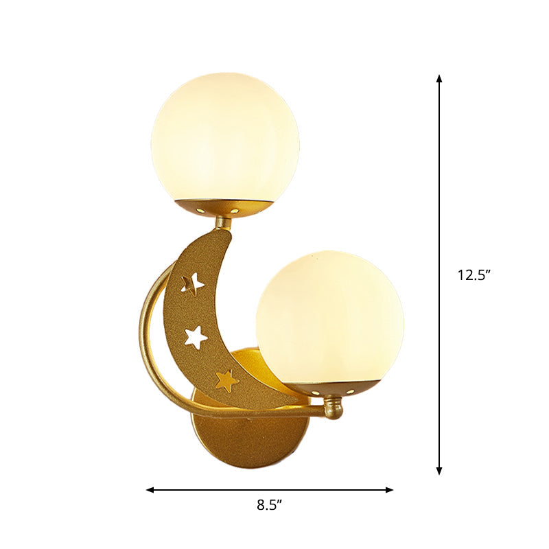 Contemporary Bedroom Sconce Light: 2 Bulbs Black/Gold Wall Lamp With Milky Glass Ball Shades