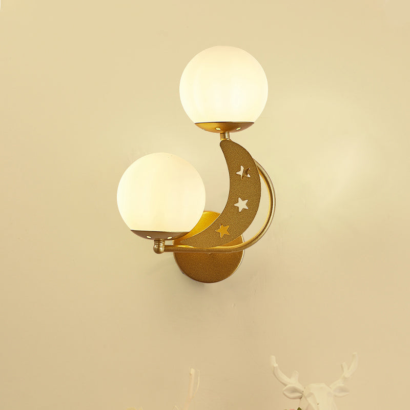 Contemporary Bedroom Sconce Light: 2 Bulbs Black/Gold Wall Lamp With Milky Glass Ball Shades