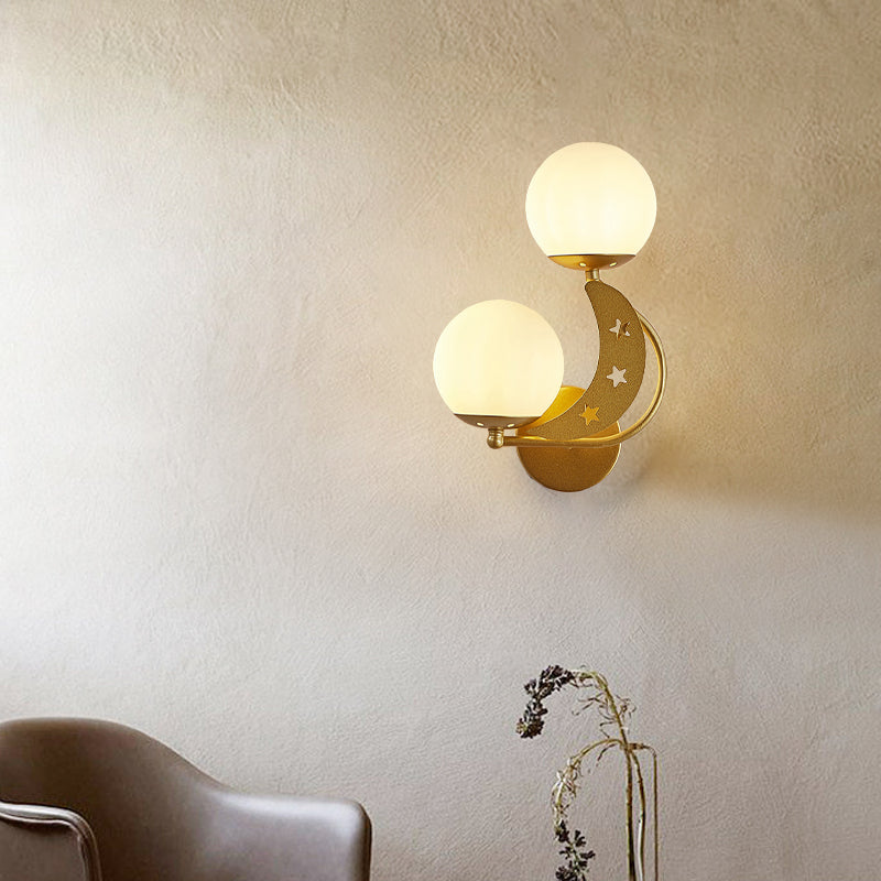 Contemporary Bedroom Sconce Light: 2 Bulbs Black/Gold Wall Lamp With Milky Glass Ball Shades