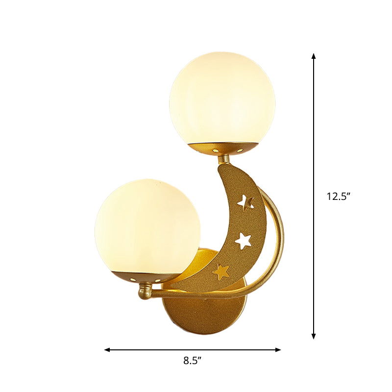 Contemporary Bedroom Sconce Light: 2 Bulbs Black/Gold Wall Lamp With Milky Glass Ball Shades