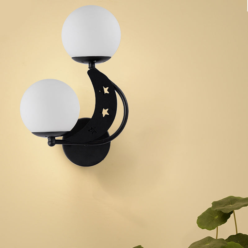 Contemporary Bedroom Sconce Light: 2 Bulbs Black/Gold Wall Lamp With Milky Glass Ball Shades