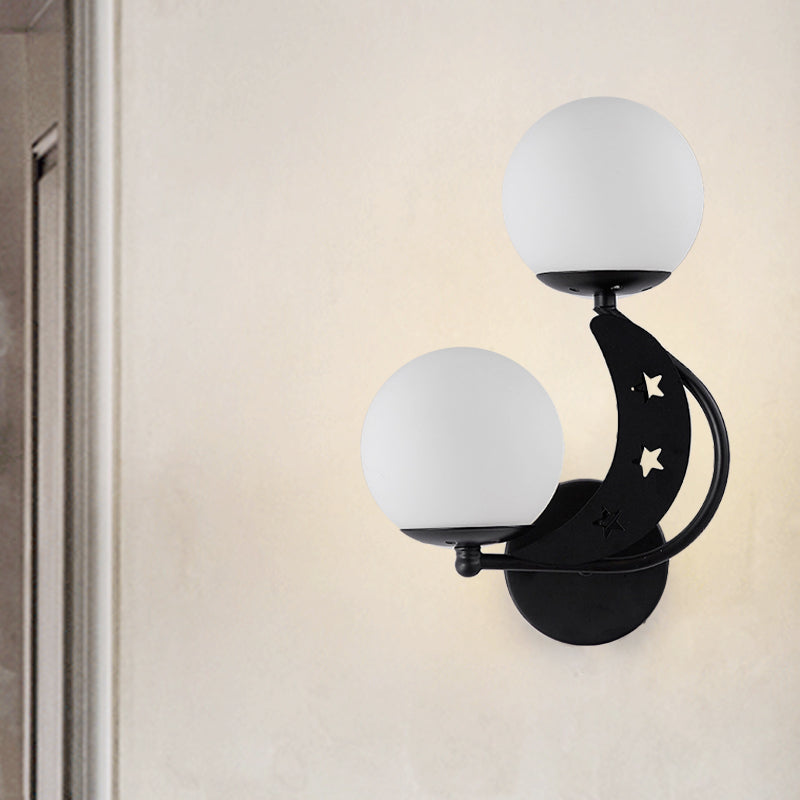 Contemporary Bedroom Sconce Light: 2 Bulbs Black/Gold Wall Lamp With Milky Glass Ball Shades