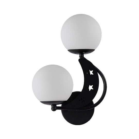 Contemporary Bedroom Sconce Light: 2 Bulbs Black/Gold Wall Lamp With Milky Glass Ball Shades