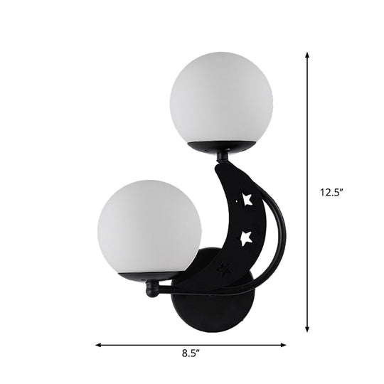 Contemporary Bedroom Sconce Light: 2 Bulbs Black/Gold Wall Lamp With Milky Glass Ball Shades