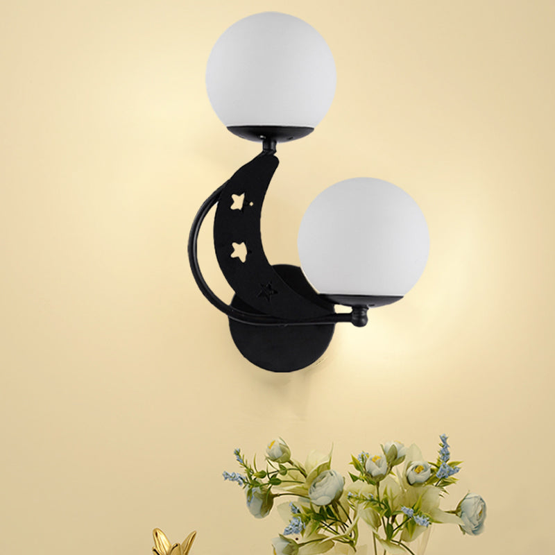 Contemporary Bedroom Sconce Light: 2 Bulbs Black/Gold Wall Lamp With Milky Glass Ball Shades