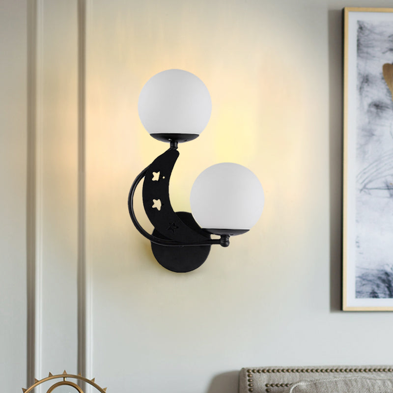 Contemporary Bedroom Sconce Light: 2 Bulbs Black/Gold Wall Lamp With Milky Glass Ball Shades