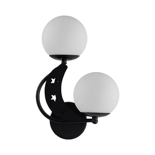 Contemporary Bedroom Sconce Light: 2 Bulbs Black/Gold Wall Lamp With Milky Glass Ball Shades