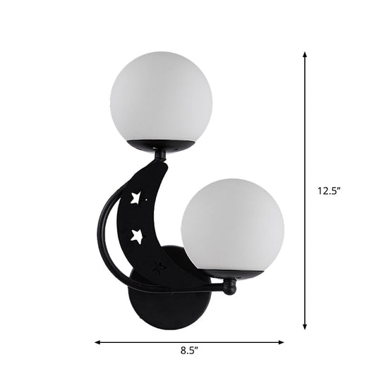 Contemporary Bedroom Sconce Light: 2 Bulbs Black/Gold Wall Lamp With Milky Glass Ball Shades