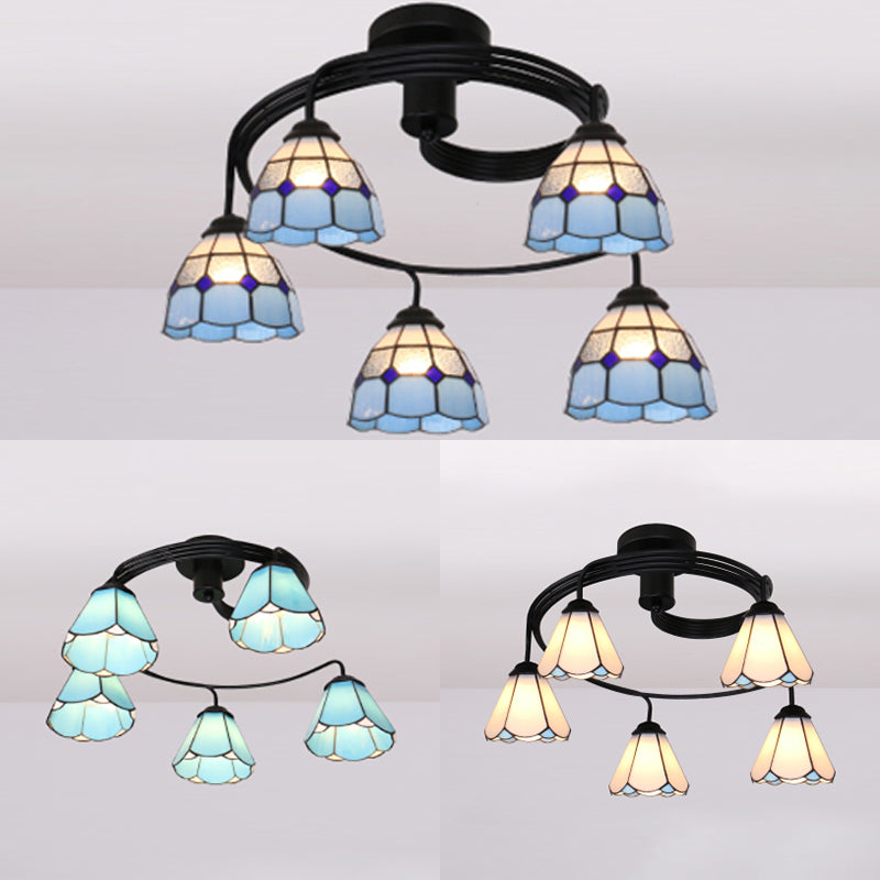 Tiffany Style Stained Glass Ceiling Light Fixture (3/5 Lights) - Semi Flush Mount in White/Blue/Clear