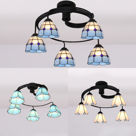 Tiffany Style Stained Glass Ceiling Light Fixture (3/5 Lights) - Semi Flush Mount in White/Blue/Clear