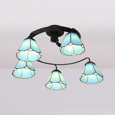 Tiffany Style Stained Glass Ceiling Light Fixture (3/5 Lights) - Semi Flush Mount in White/Blue/Clear