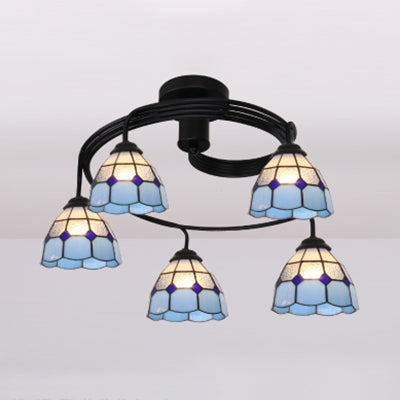 Tiffany Style Stained Glass Ceiling Light Fixture (3/5 Lights) - Semi Flush Mount in White/Blue/Clear