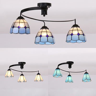 Tiffany Style Stained Glass Ceiling Light Fixture (3/5 Lights) - Semi Flush Mount in White/Blue/Clear