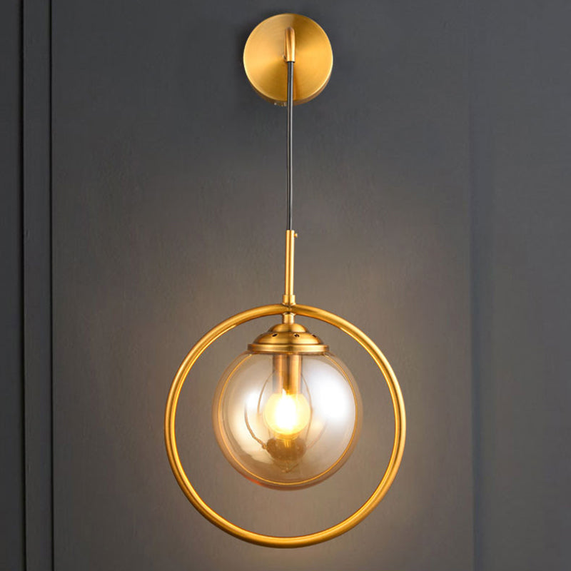 Contemporary Smoke Gray/Clear/Amber Glass Wall Lamp: Single Brass Finish Sconce Light Fixture Amber