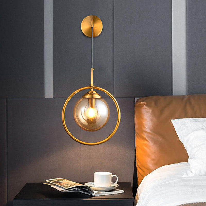 Contemporary Smoke Gray/Clear/Amber Glass Wall Lamp: Single Brass Finish Sconce Light Fixture