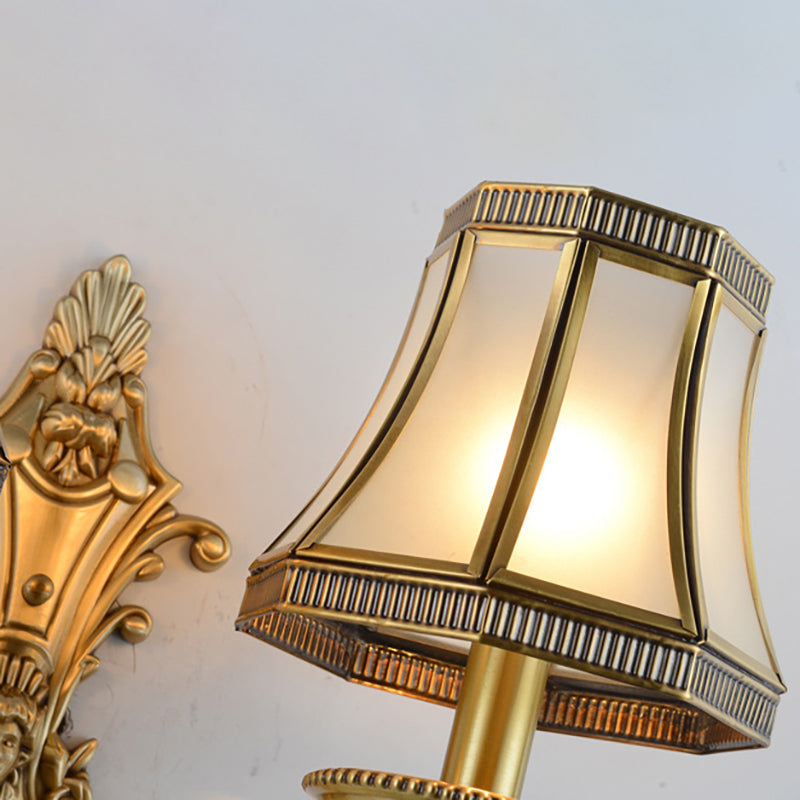 Traditional Brass Cone Wall Lamp With Beveled Glass Panel - Bedroom Mount Lighting