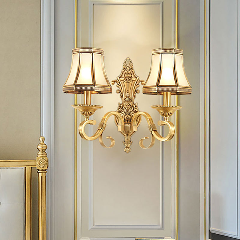 Traditional Brass Cone Wall Lamp With Beveled Glass Panel - Bedroom Mount Lighting