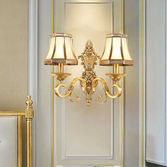 Traditional Brass Cone Wall Lamp With Beveled Glass Panel - Bedroom Mount Lighting