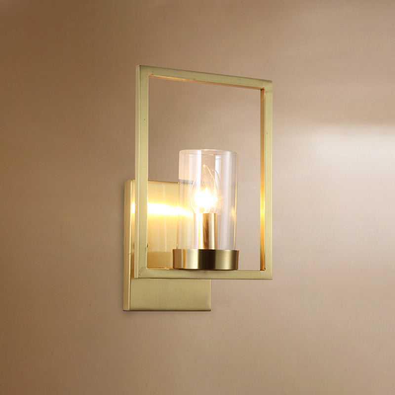 Contemporary Brass Wall Sconce With Clear Glass Shade - Cylindrical Bedroom Light Fixture