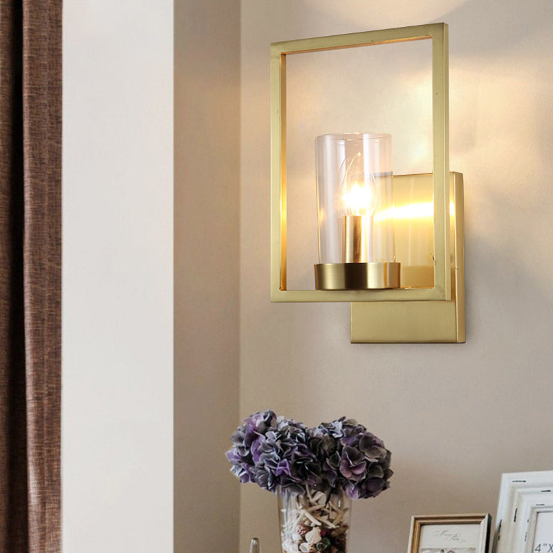 Contemporary Brass Wall Sconce With Clear Glass Shade - Cylindrical Bedroom Light Fixture