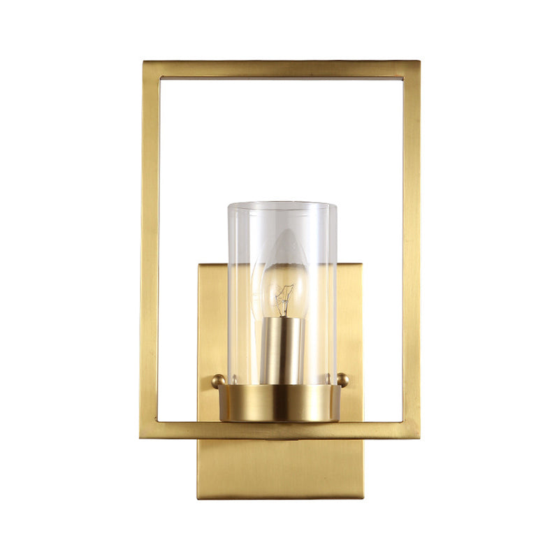 Contemporary Brass Wall Sconce With Clear Glass Shade - Cylindrical Bedroom Light Fixture