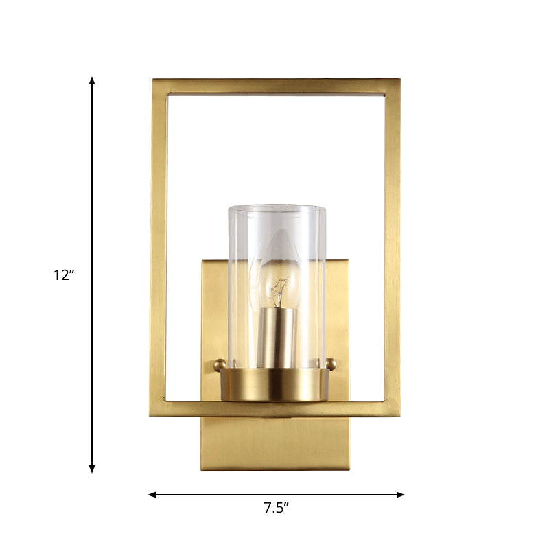 Contemporary Brass Wall Sconce With Clear Glass Shade - Cylindrical Bedroom Light Fixture