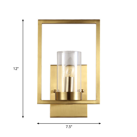 Contemporary Brass Wall Sconce With Clear Glass Shade - Cylindrical Bedroom Light Fixture