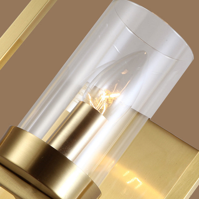 Contemporary Brass Wall Sconce With Clear Glass Shade - Cylindrical Bedroom Light Fixture