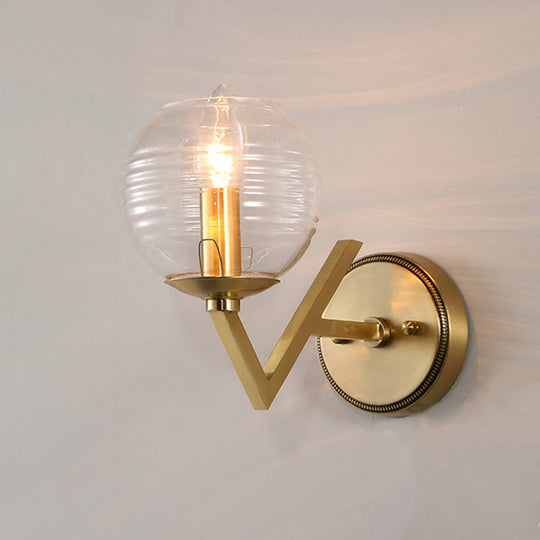 Brass Ball Sconce Light With Ribbed Glass Shade - Simple Wall Mount Lamp