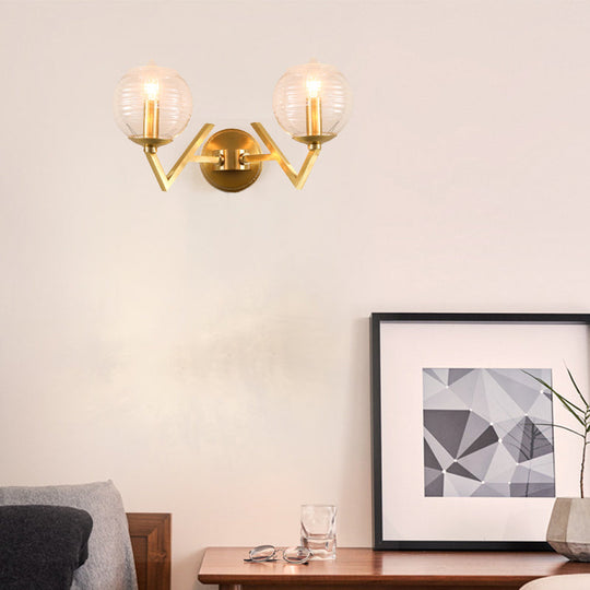 Brass Ball Sconce Light With Ribbed Glass Shade - Simple Wall Mount Lamp