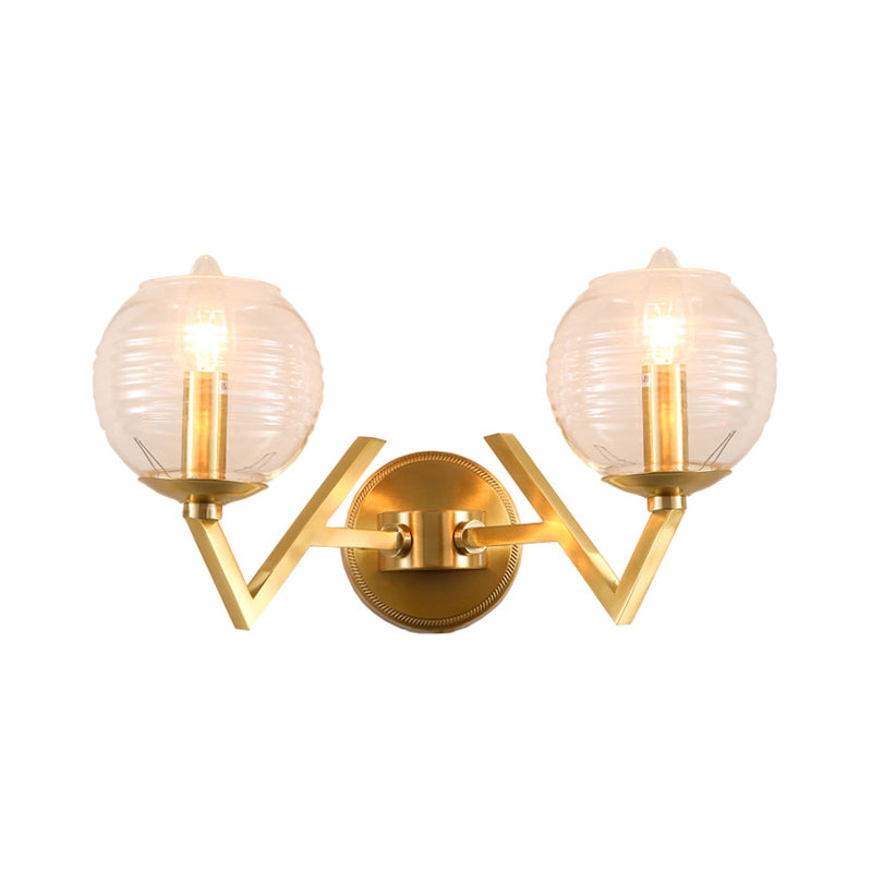 Brass Ball Sconce Light With Ribbed Glass Shade - Simple Wall Mount Lamp