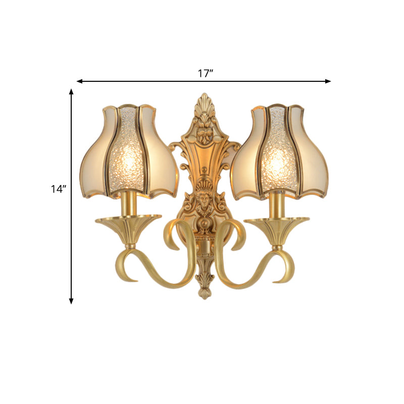 Metal Wall Sconce Traditional Brass Scalloped Living Room Light Fixture - 1/2 Bulbs