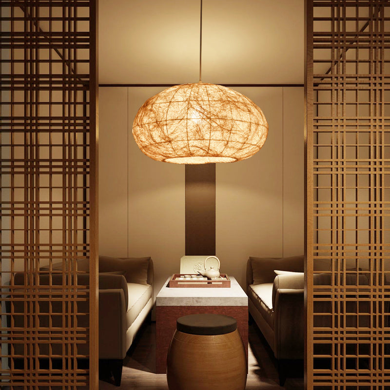 1-Bulb Asian Ceiling Pendant Light with Wood Lantern Design and Bamboo Shade