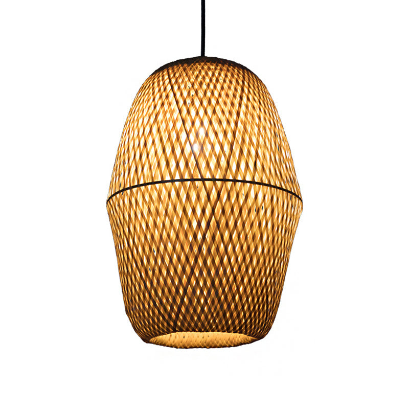 Traditional Bamboo Wood Bell Pendant Light - Single Bulb Hanging Lamp Kit for Restaurants