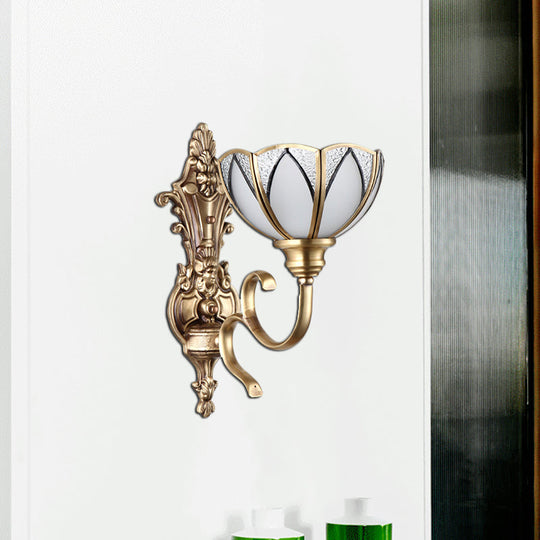 Traditional Metal Wall Lamp With Brass Finish And White Glass Shade - Bowl Hallway Design 1/2 Heads