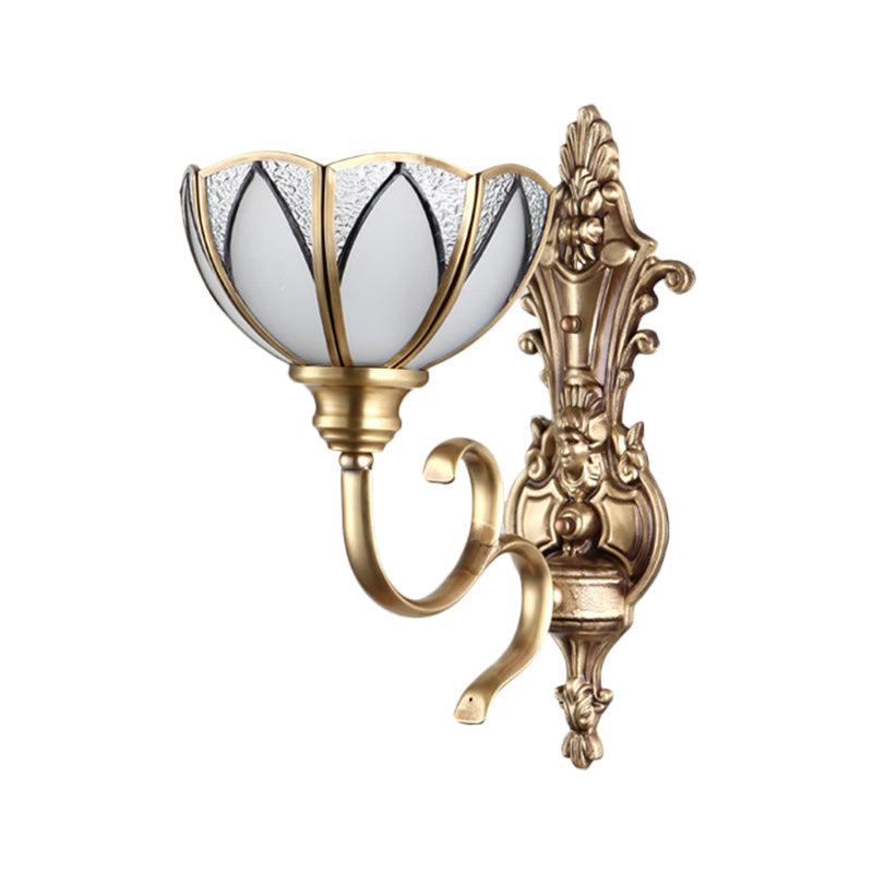 Traditional Metal Wall Lamp With Brass Finish And White Glass Shade - Bowl Hallway Design 1/2 Heads