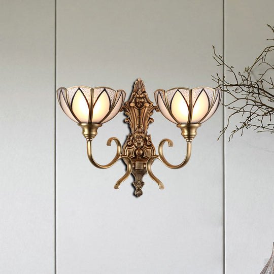 Traditional Metal Wall Lamp With Brass Finish And White Glass Shade - Bowl Hallway Design 1/2 Heads