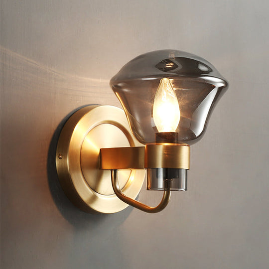 Retro-Style Smoke Gray/Amber Glass Bell Wall Sconce - Brass Mount Light Fixture (1 Bulb) Gray