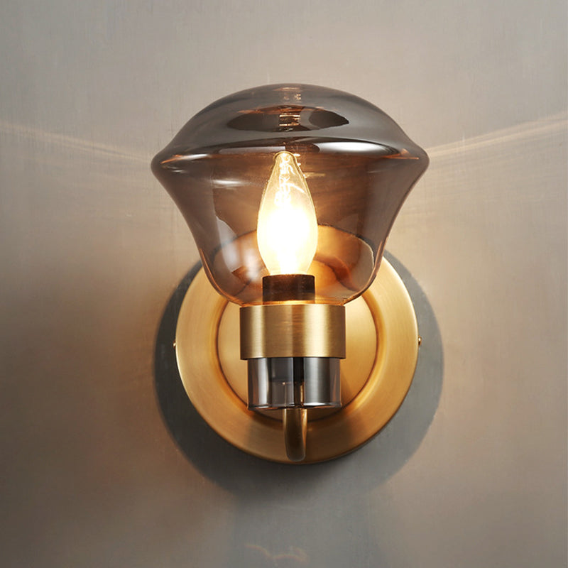 Retro-Style Smoke Gray/Amber Glass Bell Wall Sconce - Brass Mount Light Fixture (1 Bulb)