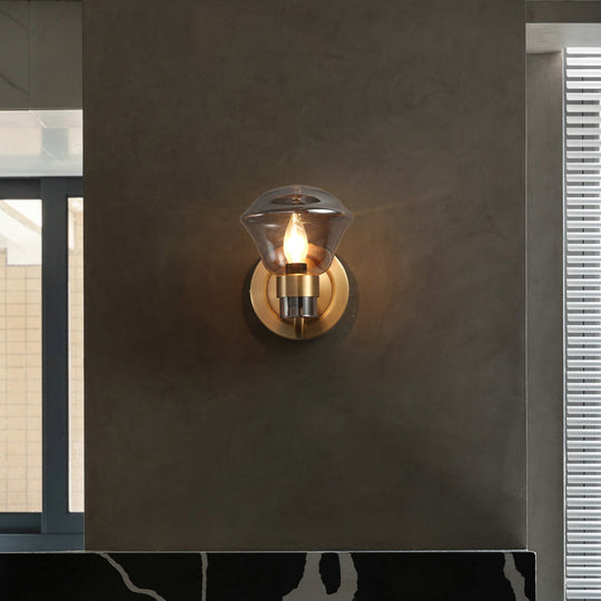 Retro-Style Smoke Gray/Amber Glass Bell Wall Sconce - Brass Mount Light Fixture (1 Bulb)