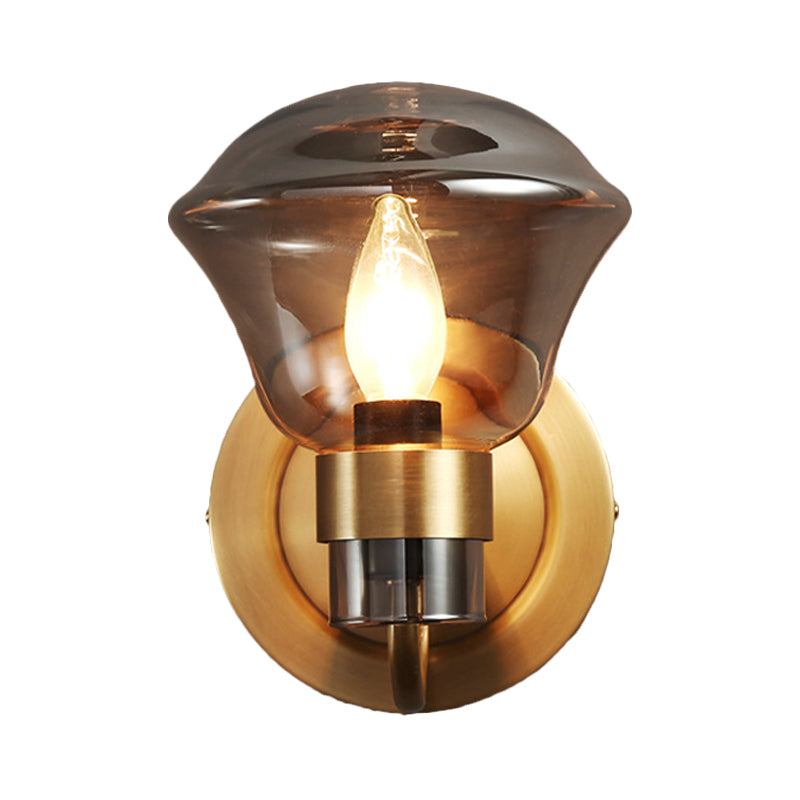 Retro-Style Smoke Gray/Amber Glass Bell Wall Sconce - Brass Mount Light Fixture (1 Bulb)