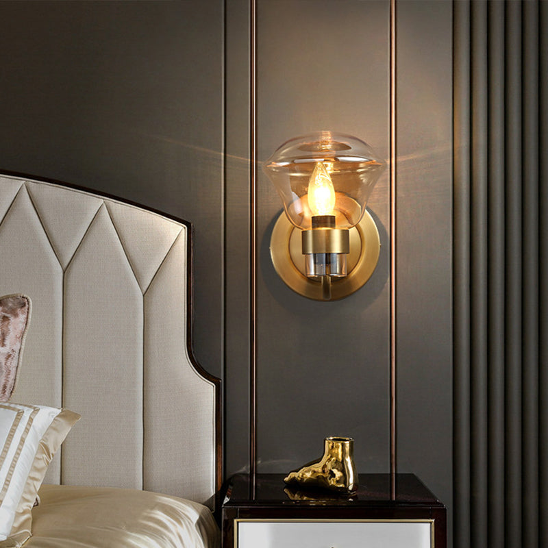 Retro-Style Smoke Gray/Amber Glass Bell Wall Sconce - Brass Mount Light Fixture (1 Bulb)