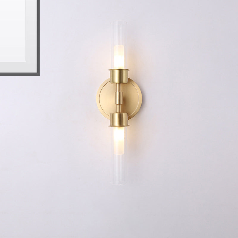 Brass Finish Double Cylinder Wall Sconce - Clear Glass 2 Lights