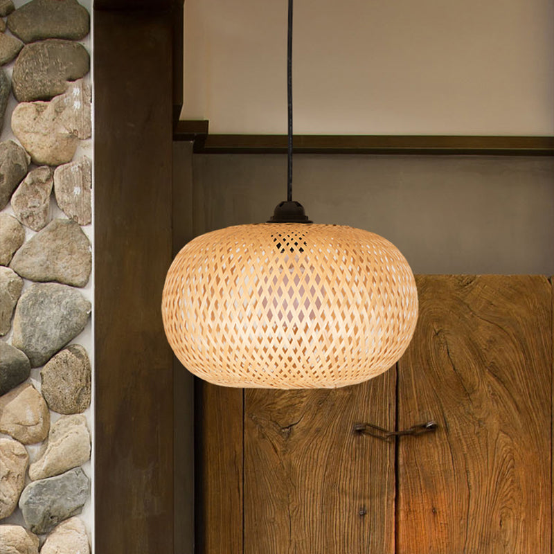 Modern 1-Bulb Wood Pendant Light Fixture with Bamboo Shade - Donut/Hat Hanging Design