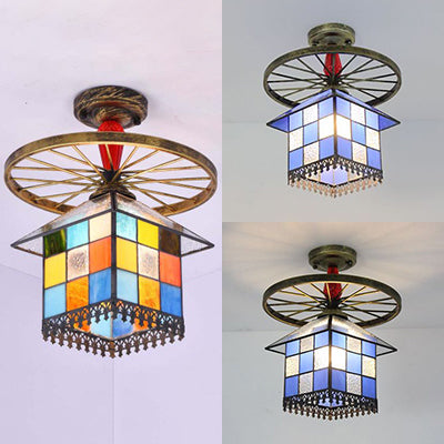 Rustic Lodge Stained Glass House Semi Flush Light with Antique Bronze/Clear/Blue Accents