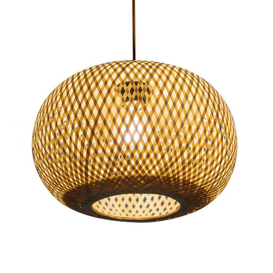 Modern 1-Bulb Wood Pendant Light Fixture with Bamboo Shade - Donut/Hat Hanging Design