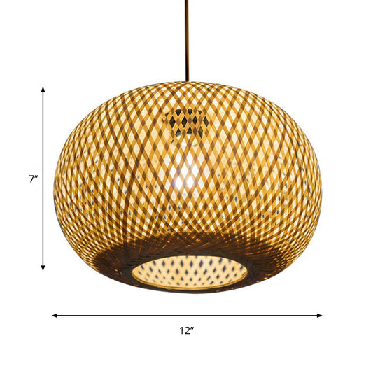 Modern 1-Bulb Wood Pendant Light Fixture with Bamboo Shade - Donut/Hat Hanging Design