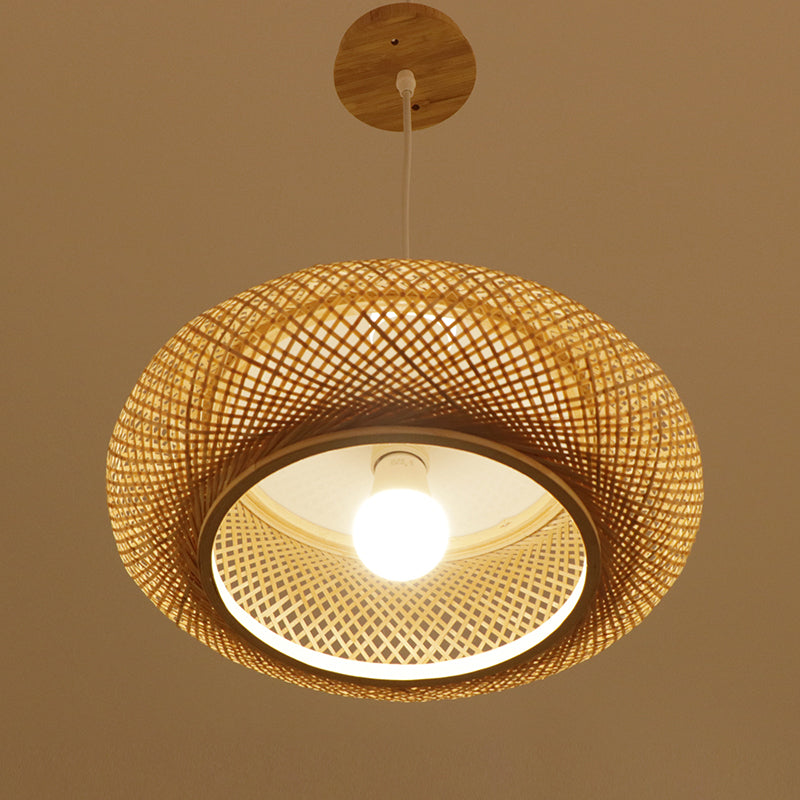 Modern 1-Bulb Wood Pendant Light Fixture with Bamboo Shade - Donut/Hat Hanging Design