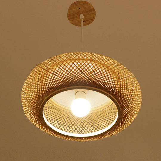 Modern 1-Bulb Wood Pendant Light Fixture with Bamboo Shade - Donut/Hat Hanging Design